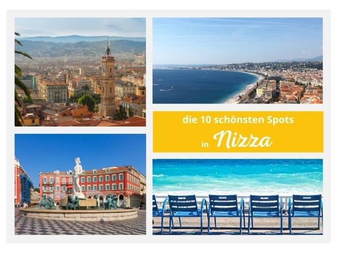 Top 10 Sehenswürdigkeiten in Nizza – Collage mit Altstadt, Promenade des Anglais, Place Masséna und blauen Stühlen am Strand