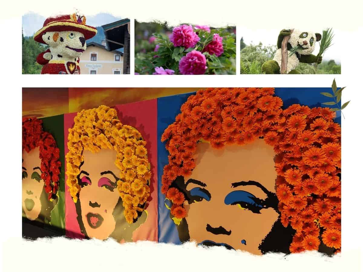 Blumenfiguren und Blumenkorso Kunstwerke bei den schönsten Blumenfesten Österreichs mit Pfingstrosen und floralen Ausstellungen